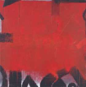 Elizabeth Shire "Black White Red All Over" Signed Vintage American Modernist Abstract Oil Painting