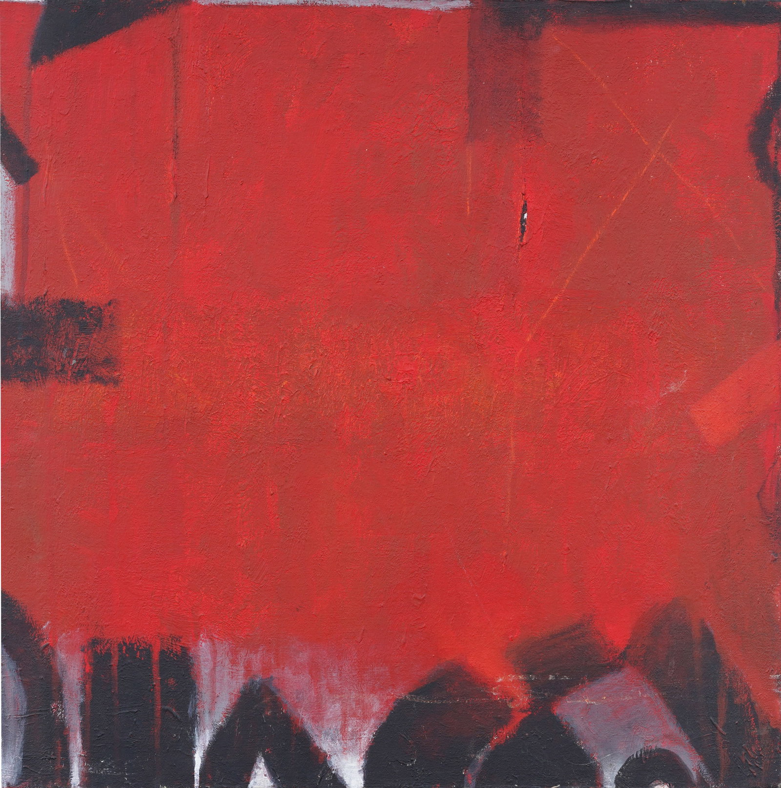 Elizabeth Shire "Black White Red All Over" Signed Vintage American Modernist Abstract Oil Painting: Vintage American abstract oil painting. Oil on canvas. Signed. Measuring: 24 by 24 inches overall. Please see all images for condition. Size is measured and written on the back of the painting. The fi