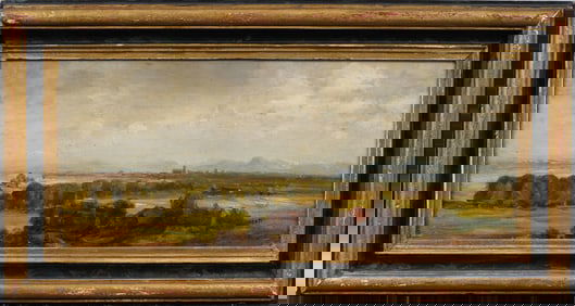 Antique European Cradleback Wood Panel Impressionist Framed Panoramic Landscape Oil Painting