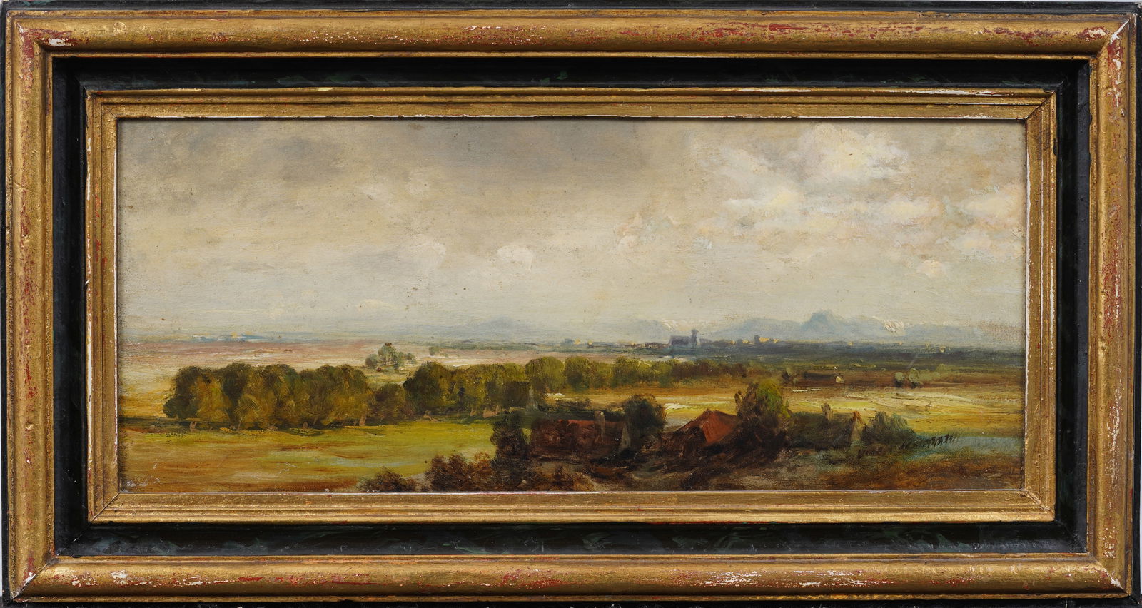 Antique European Cradleback Wood Panel Impressionist Framed Panoramic Landscape Oil Painting (1 of 7)