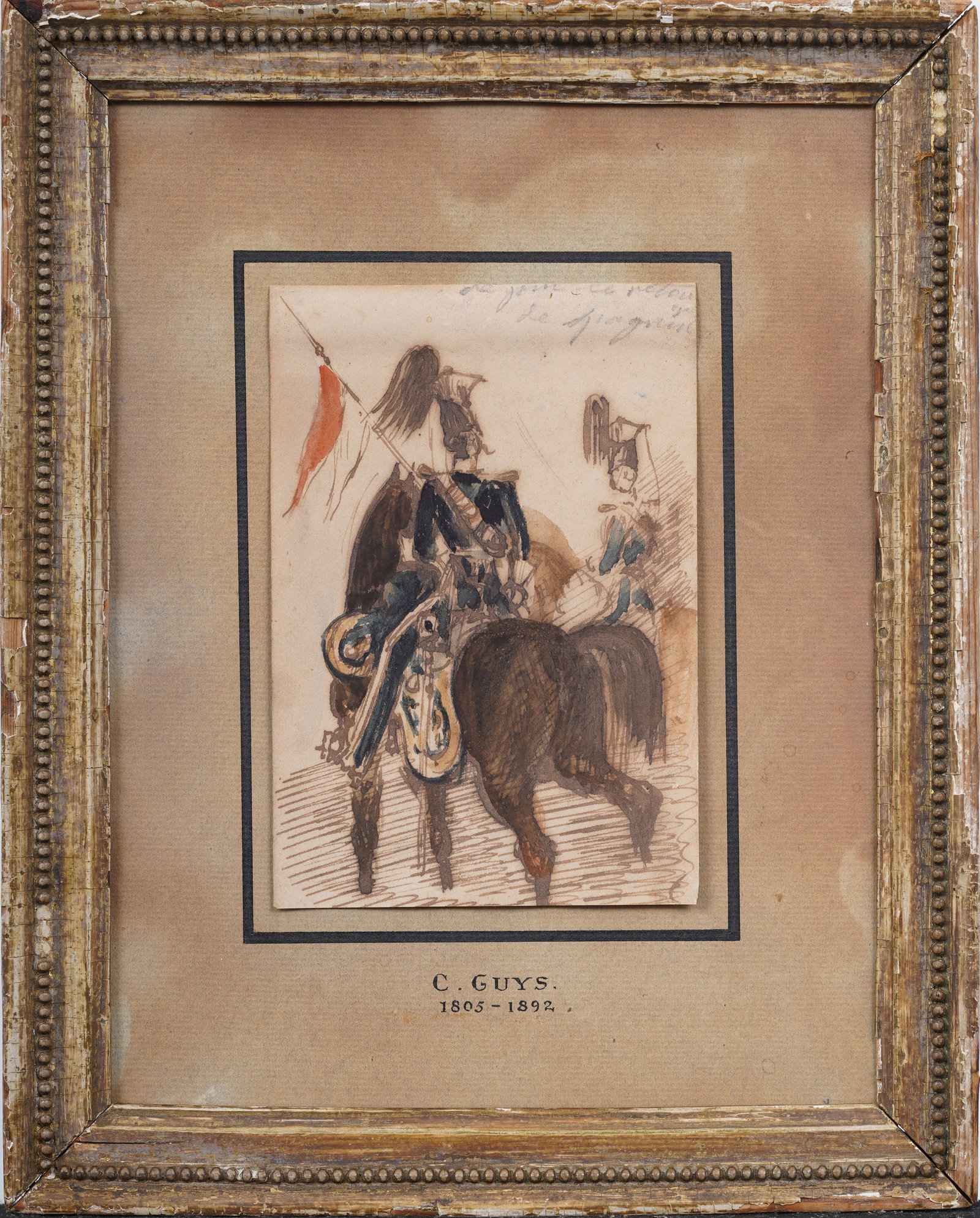 Constantin Ernest Adolphe Hyacinthe Guys (1802 - 1892) Sotheby's Provenance French Painting: Antique French military portrait painting by Constantin Ernest Adolphe Hyacinthe Guys (1802 - 1892). Watercolor on paper. Framed. Measuring: 12 by 10 inches overall, and 6 by 4 painting alone. Please 