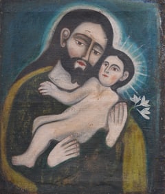 Antique European Outsider Folk Art Religious Portrait Oil Painting