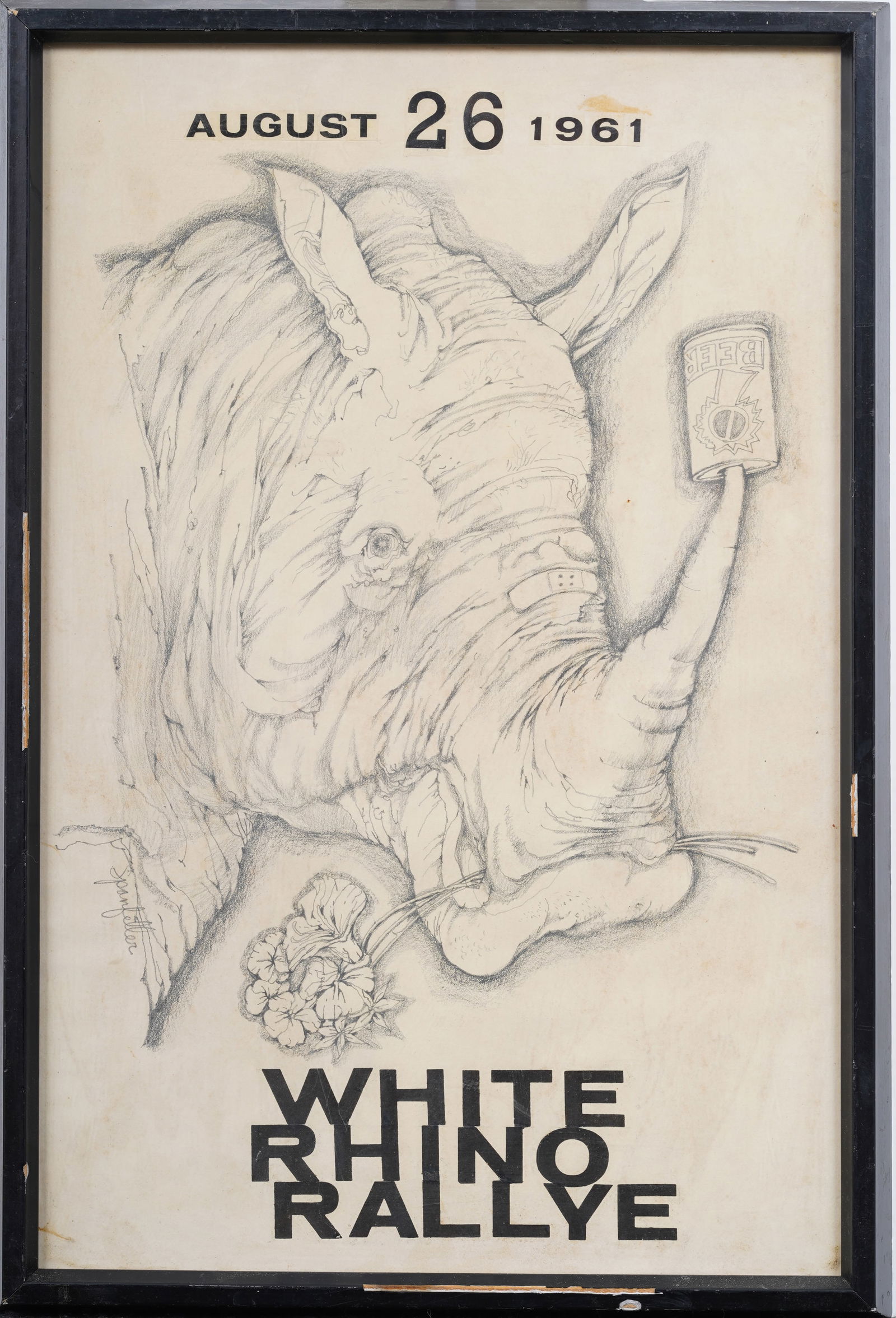 White Rhino Rally 1961 Surrealist Framed Original Animal Drawing (1 of 8)