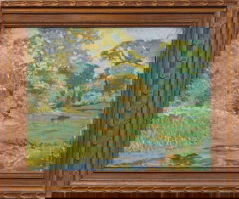 Antique American Impressionist Fall Landscape Framed Cow Grazing Original Oil Painting