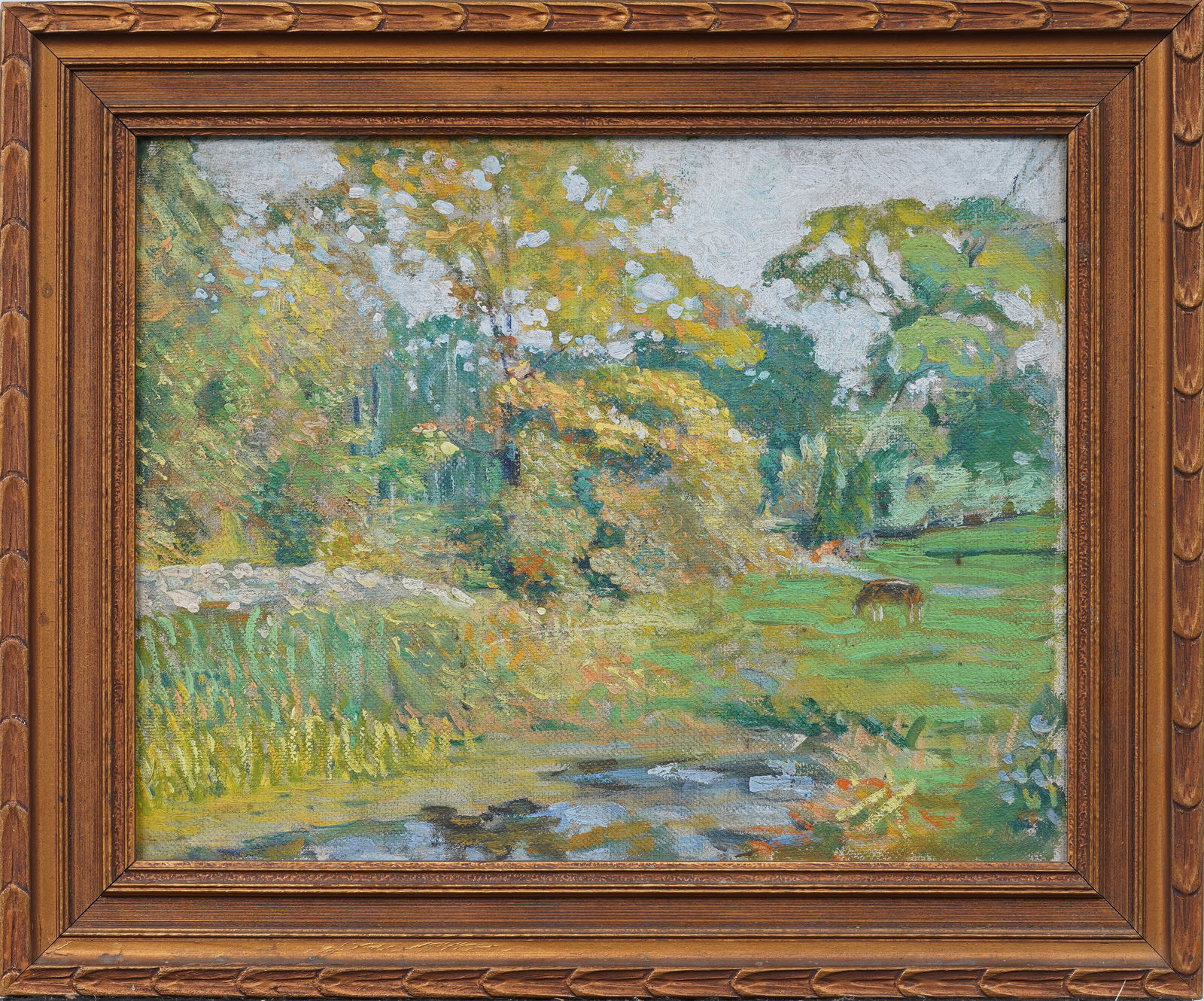 Antique American Impressionist Fall Landscape Framed Cow Grazing Original Oil Painting (1 of 8)