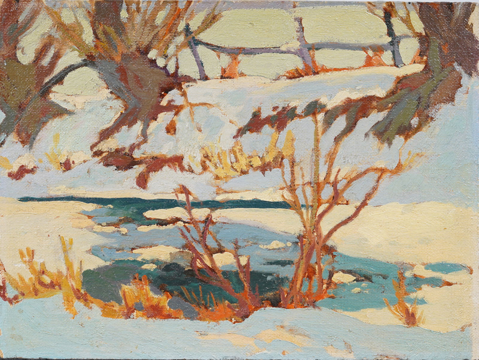 Antique Canadian Impressionist Winter Snowy River Landscape Original Oil Painting (1 of 5)