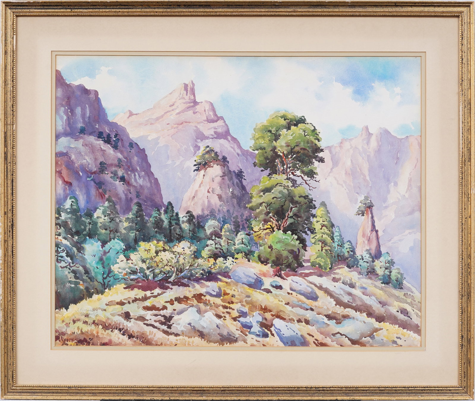 Vintage American or European Impressionist Framed Landscape Original Watercolor Painting: Vintage American or European painting. Watercolor on paper. Signed. Framed. Measuring: 26 by 32 inches overall, and 19 by 24 painting alone. Please see all images for condition. Size is measured and w