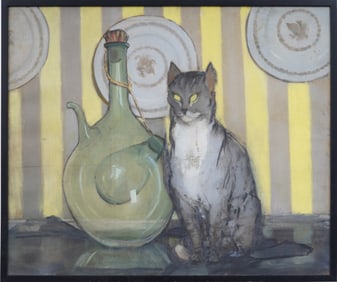 Vintage American Modernist Interior Scene Cat Portrait Framed Still Life Original Oil Painting