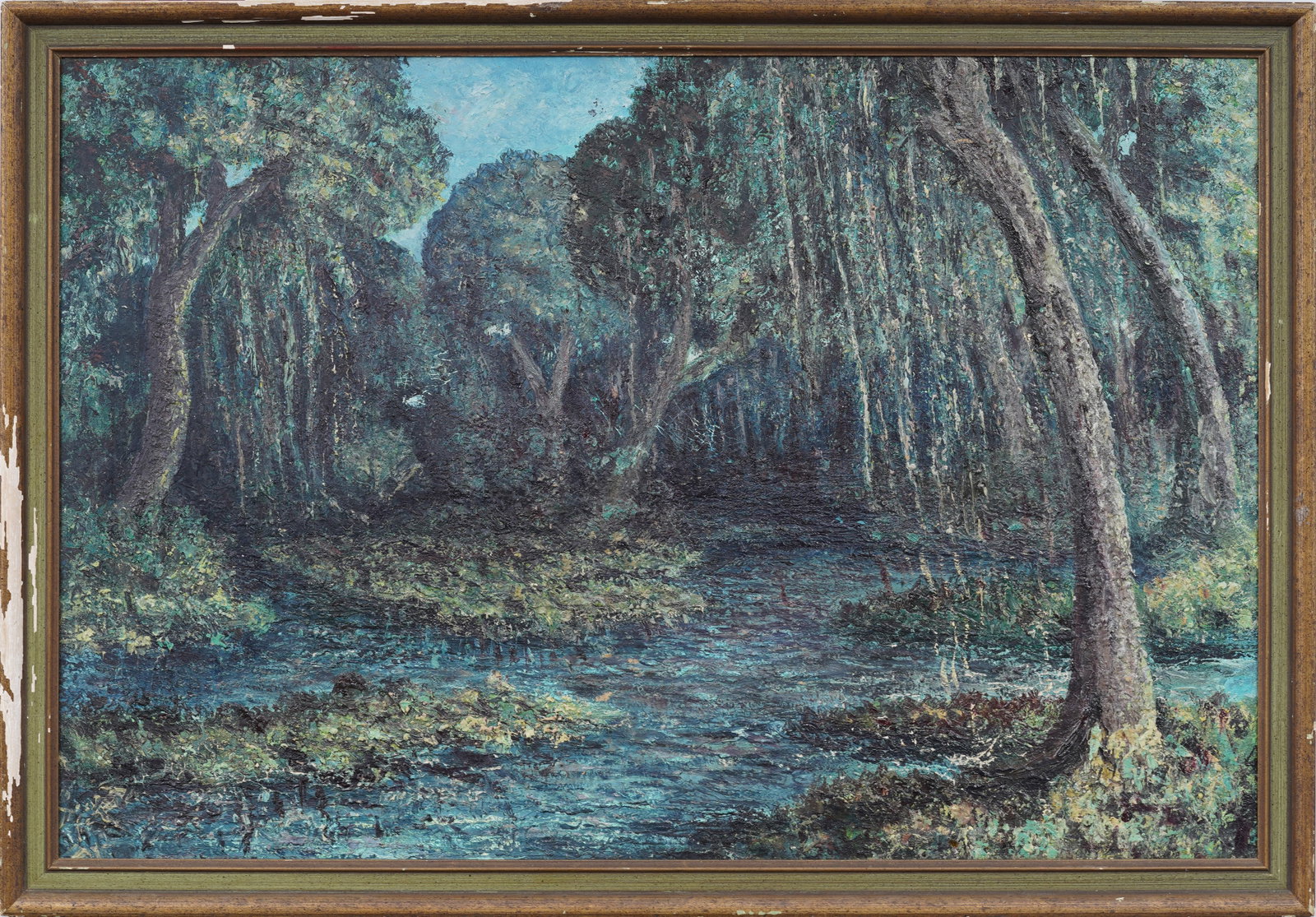 Vintage American School Modernist Framed Landscape Original Oil Painting: Vintage American school modernist landscape oil painting. Oil on canvas. Framed. Measuring: 24 by 34 inches overall, and 21 by 31 painting alone. Please see all images for condition. Size is measured 