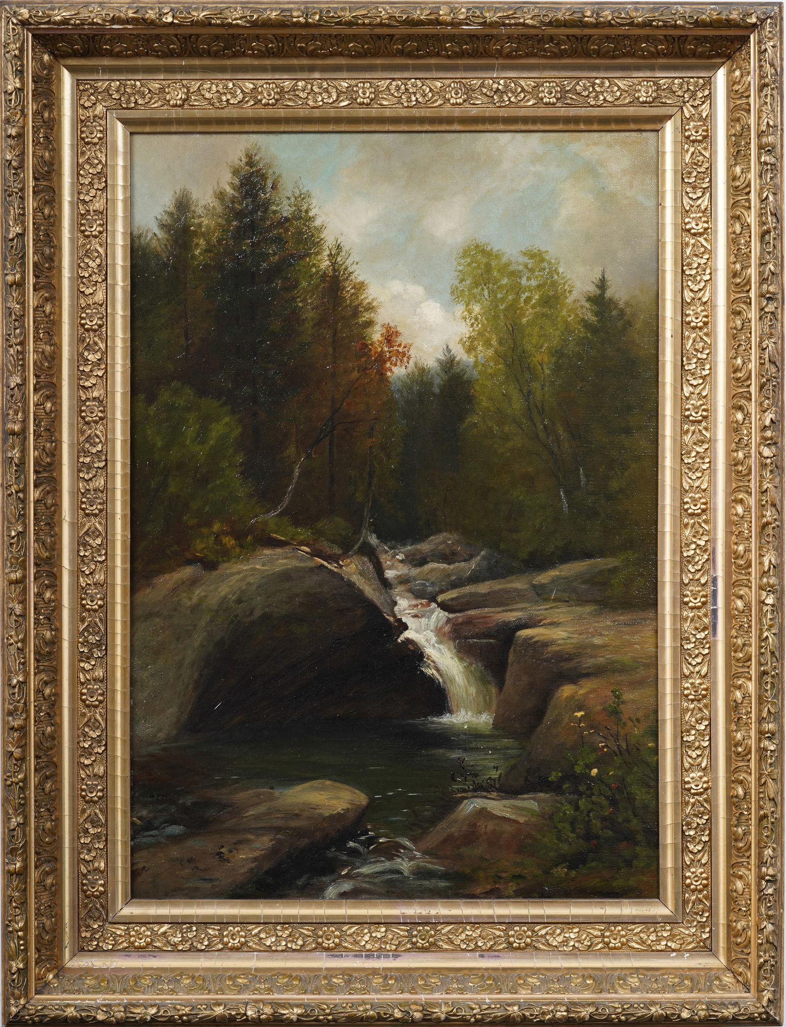 Antique American Hudson RIver School Waterfall Landscape Framed Original Oil Painting (1 of 6)