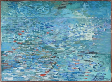 Ancil Chasteen (1927-1986) Vintage American Abstract Waterlily Landscape Framed Oil Painting