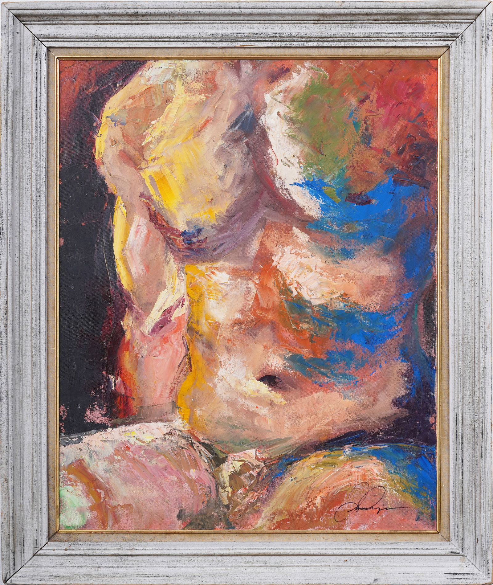 Vintage American Modernist Abstract Male Nude Framed Large Original Oil Painting: Vintage American modernist nude oil painting. Oil on canvas. Signed. Framed. Measuring: 36 by 30 inches overall, and 30 by 24 painting alone. Please see all images for condition. Size is measured and