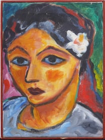 Vintage American or European Tropical Modernist Woman Portrait Framed Original Oil Painting