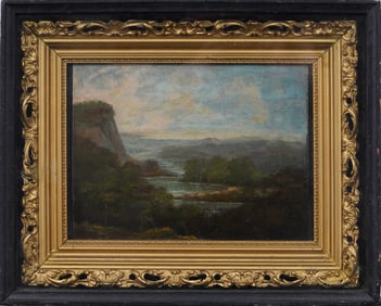 Antique American School Framed River Landscape Original Oil Painting