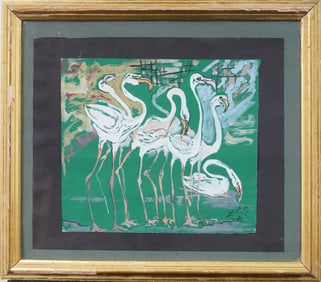 Vintage American or European School Modernist Flamingo Portrait Framed Original Painting
