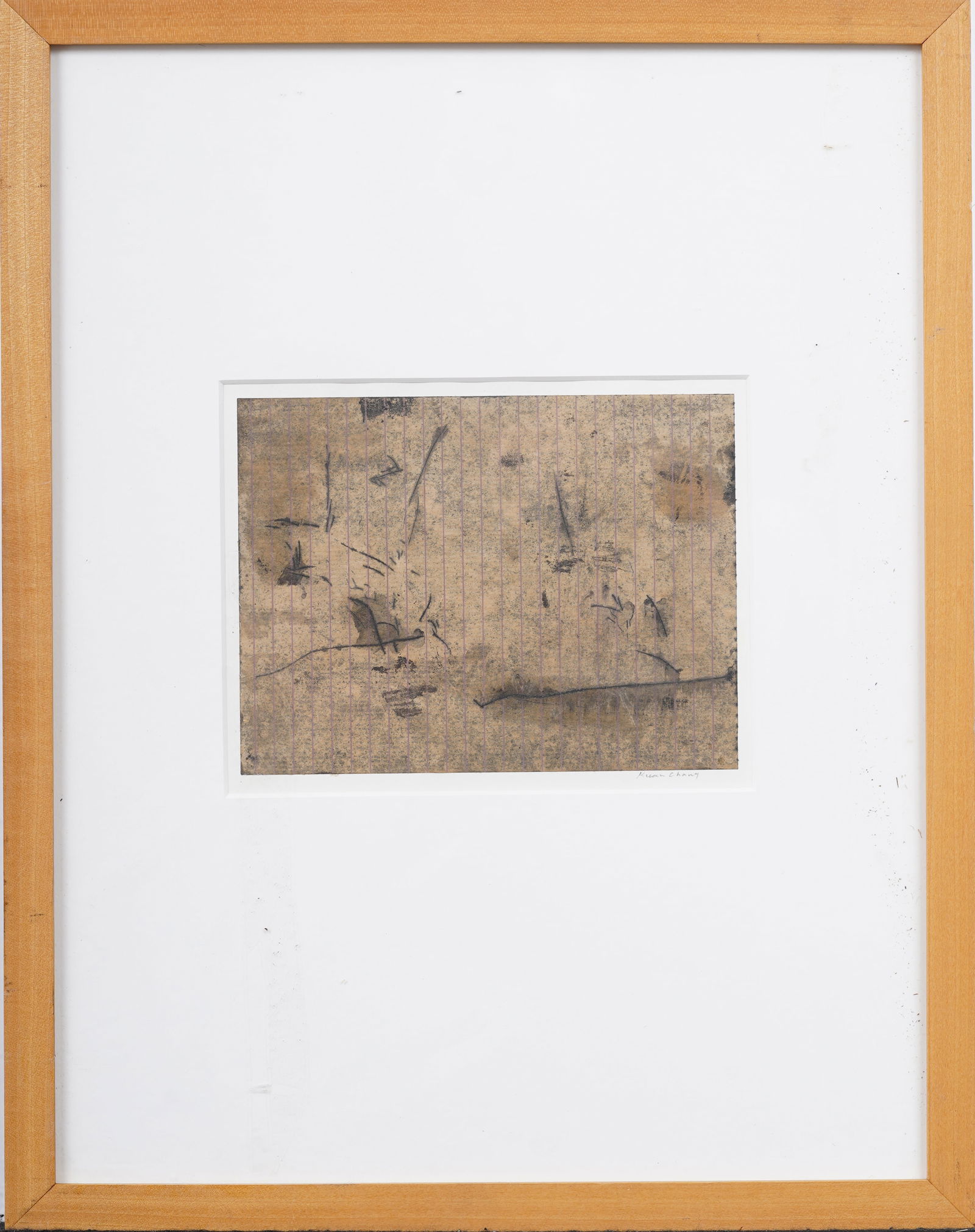 Kuan Chang Signed Vintage American Asian Modernist Abstract Painting: Ink and wash on paper. Signed. Framed. Measuring: 19 by 15 inches overall, and 5 by 7 painting alone. Please see all images for condition. Size is measured and written on the back of the painting. The