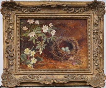 Antique English Signed Robin Egg Flower Still Life Framed Realist Original Painting