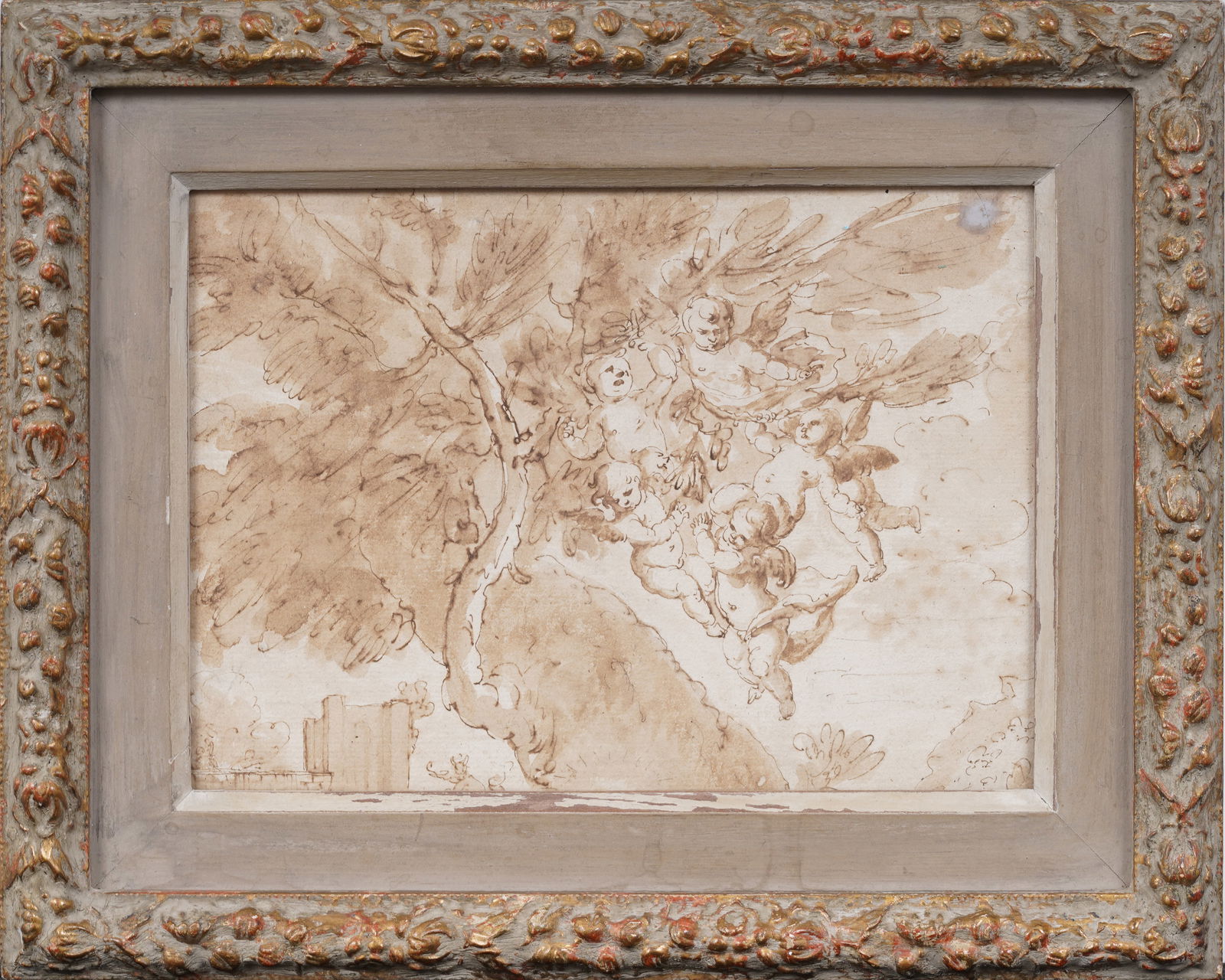 Antique European Old Master Religous Angel Drawing Finely Framed Cherub Study (1 of 4)