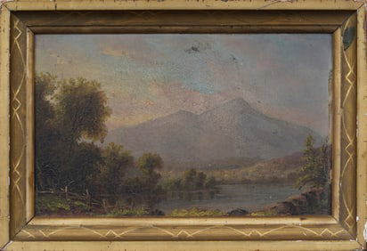 Antique American Hudson River School Framed Sunset Mountain View Original Oil Painting