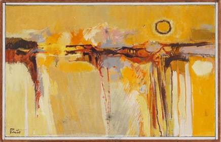James Pinto (1907-1987) Antique American Framed Modernist Abstract Sunset Landscape Oil Painting