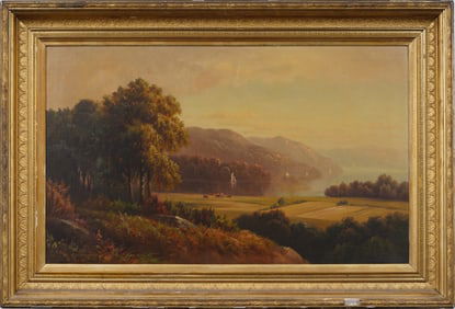 Antique Large American Hudson River School Fall Landscape Framed Panoramic Original Oil Painting