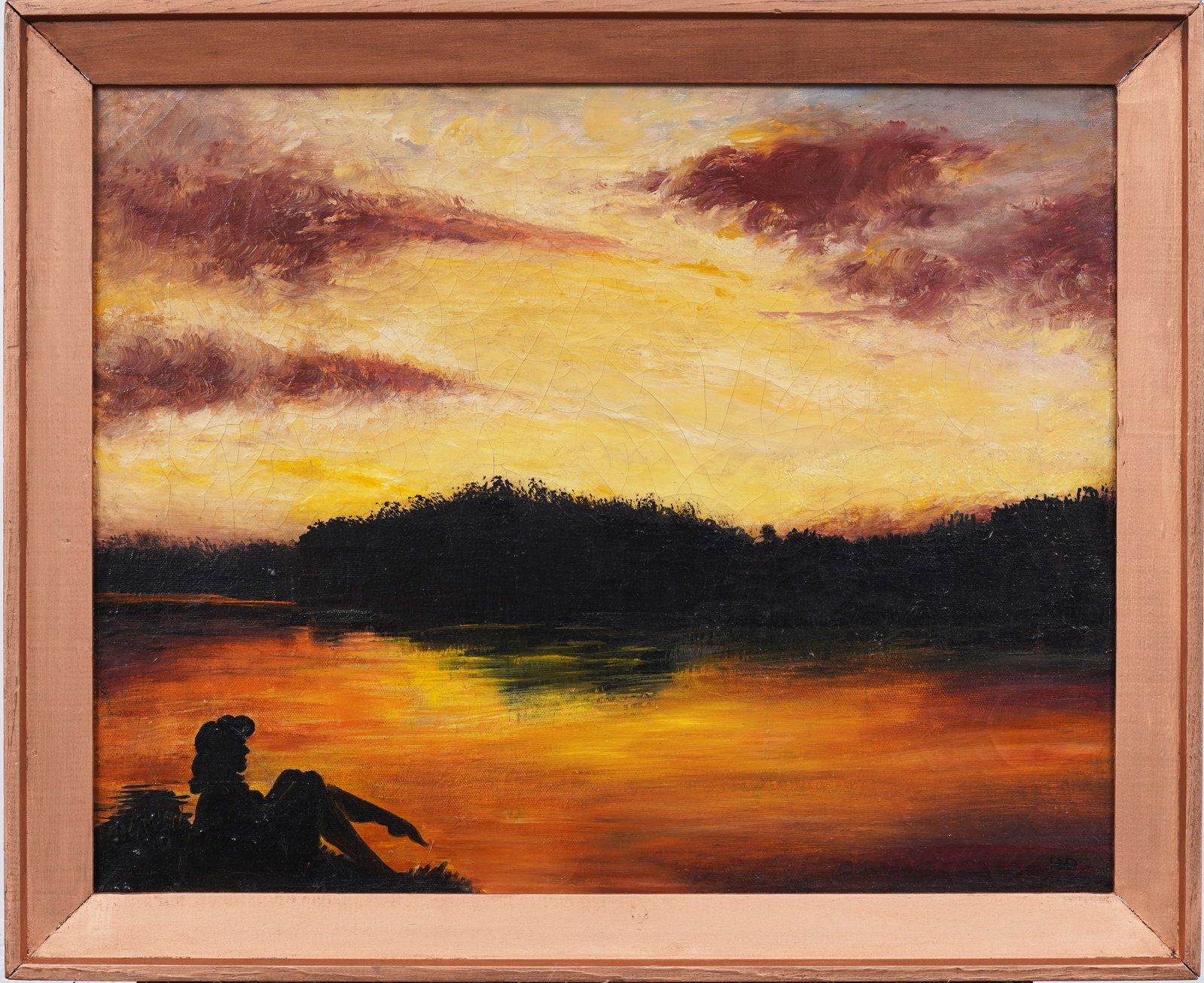 Vintage American School Impressionist Nude Sunset Lake Landscape Framed Oil Painting: Vintage American impressionist sunset oil painting. Oil on canvas. Framed. Measuring: 13 by 23 inches overall, and 16 by 20 painting alone. Please see all images for condition. Size is measured and wr