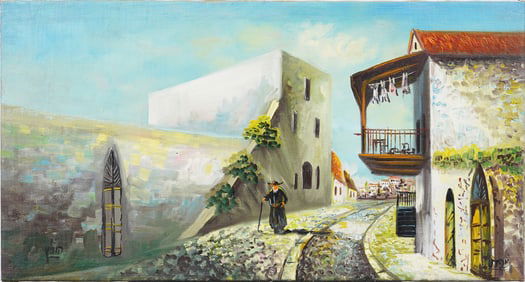 Vintage Nicola Kovach European Modernist Street Scene Oil Painting