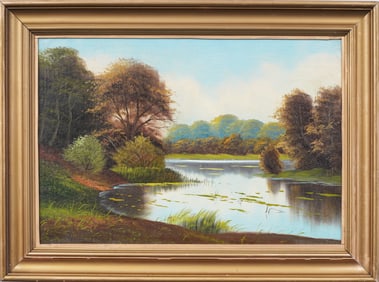 Antique American School Framed Signed Serene Lake Landscape Original Oil Painting