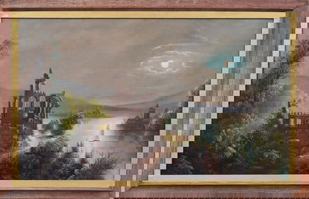 Large Antique American School Moonlit Hudson River School Castle Ruins Framed Oil Painting