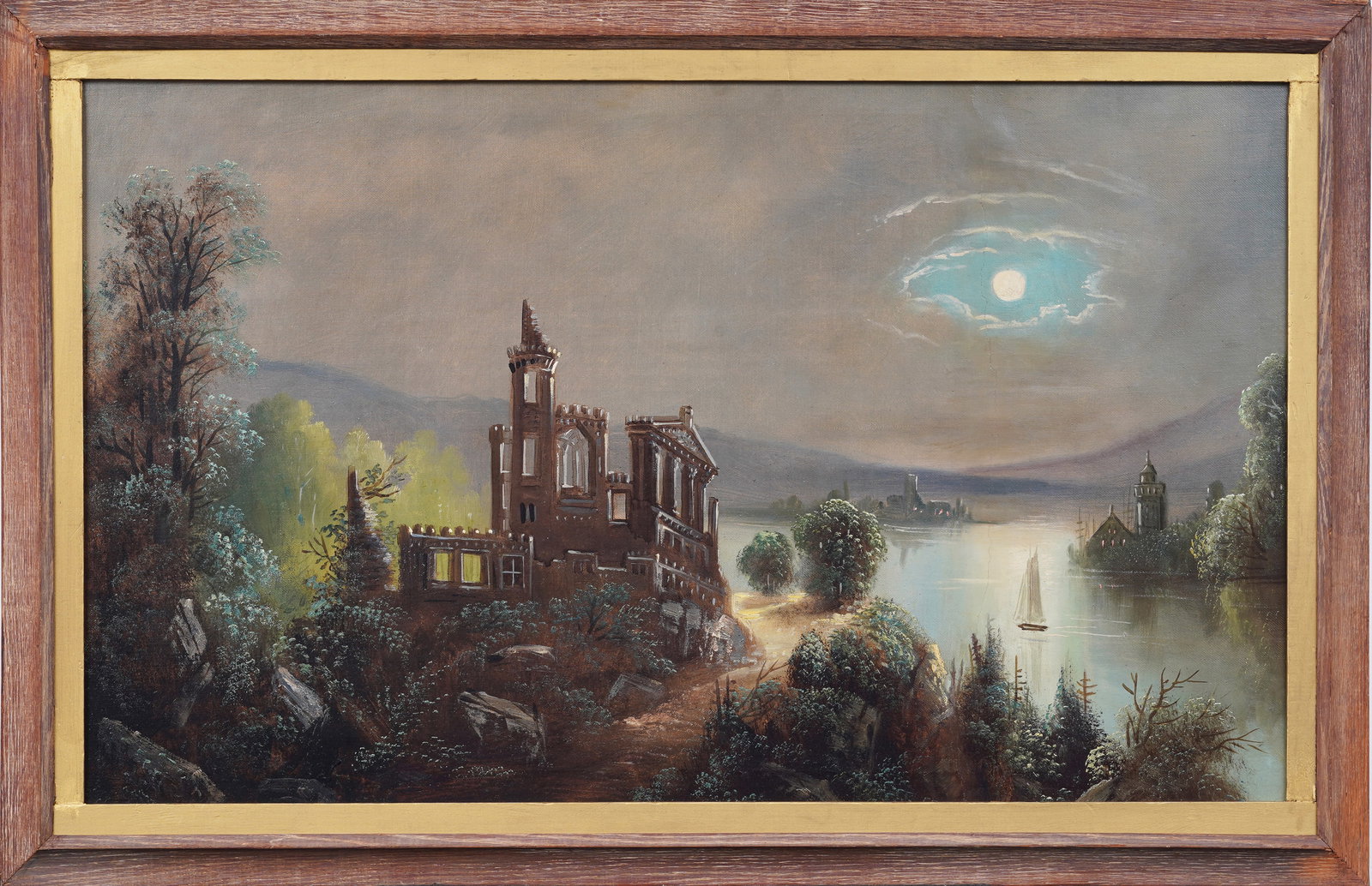 Large Antique American School Moonlit Hudson River School Castle Ruins Framed Oil Painting (1 of 6)