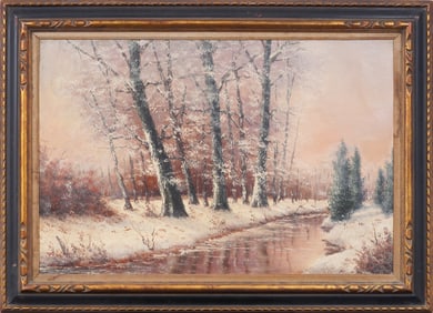 Large Signed Vintage American School Impressionist Snowy River Landscape Original Oil Painting