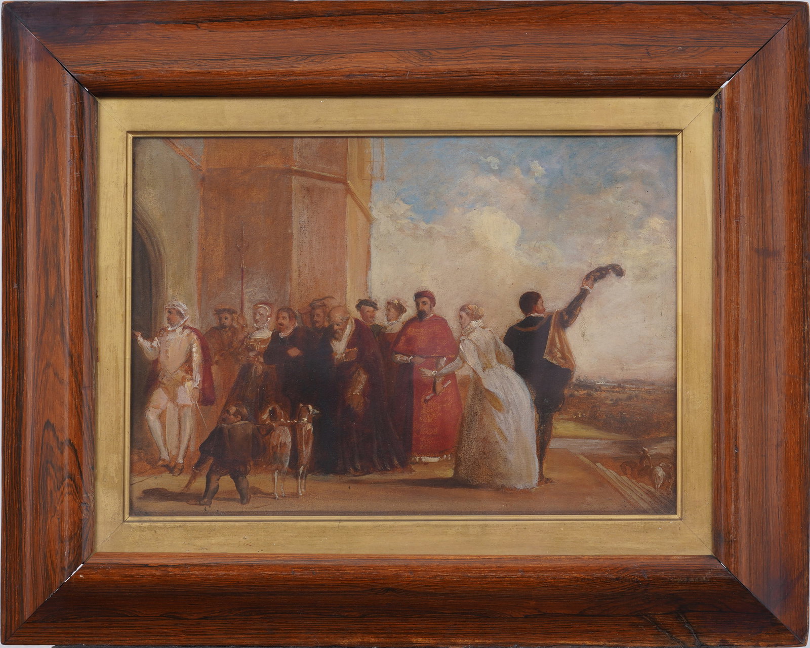 Antique French Court Scene European Figural Landscape Framed Oil Painting: Antique French oil painting. Oil on board. Signed verso. Framed. Measuring: 16 by 20 inches overall, and 10 by 14.25 painting alone. Please see all images for condition. Size is measured and written o