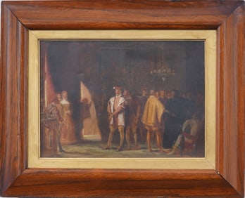 Antique Scottish Court Scene European Figural Landscape Framed Oil Painting "Waiting for Queen"
