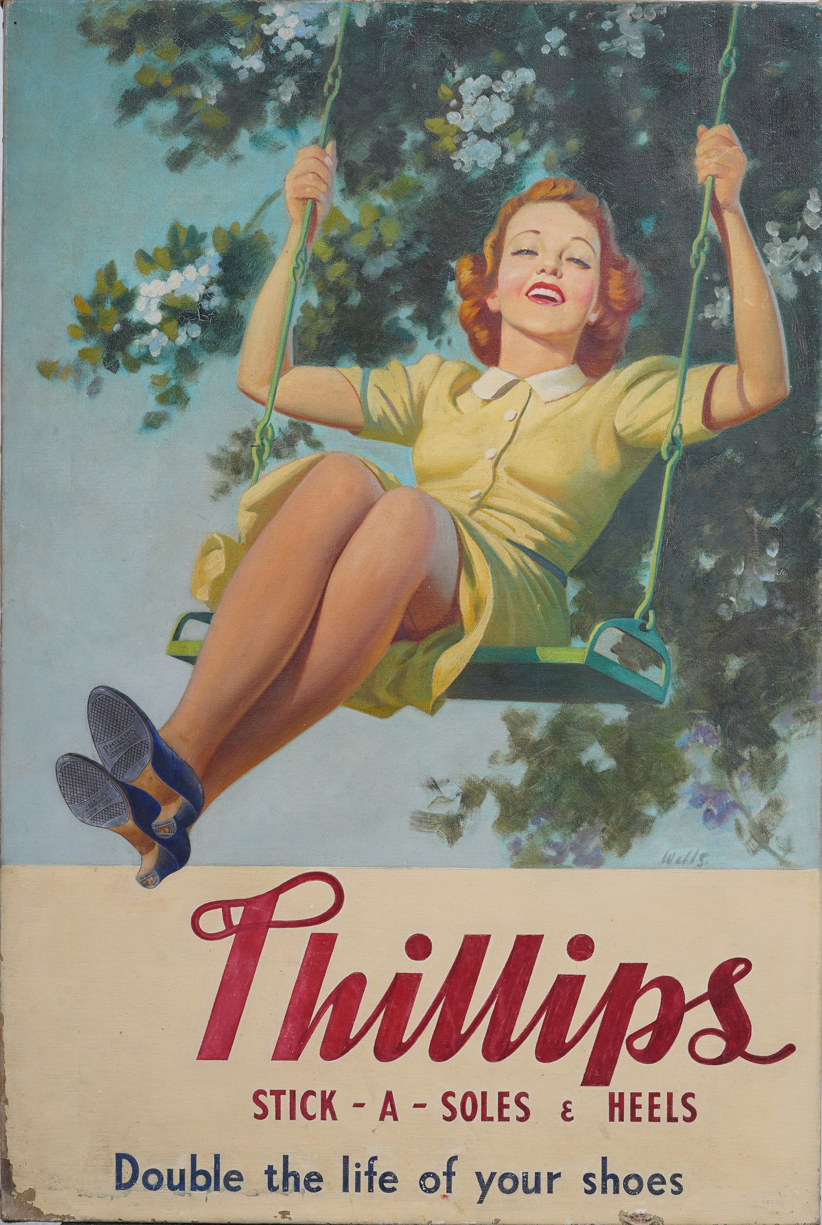 Antique American Original Oil Painting Signed Illustration Woman Swinging Portrait (1 of 10)