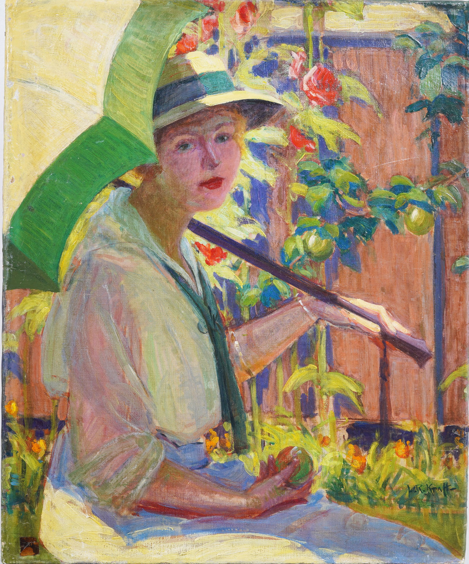 Antique American Exhibited Signed Woman Portrait Impressionist Parasol Original Oil Painting: Antique American impressionist oil painting. Oil on canvas. Signed. Measuring: 29 by 23.5 inches overall. Please see all images for condition. Size is measured and written on the back of the painting.