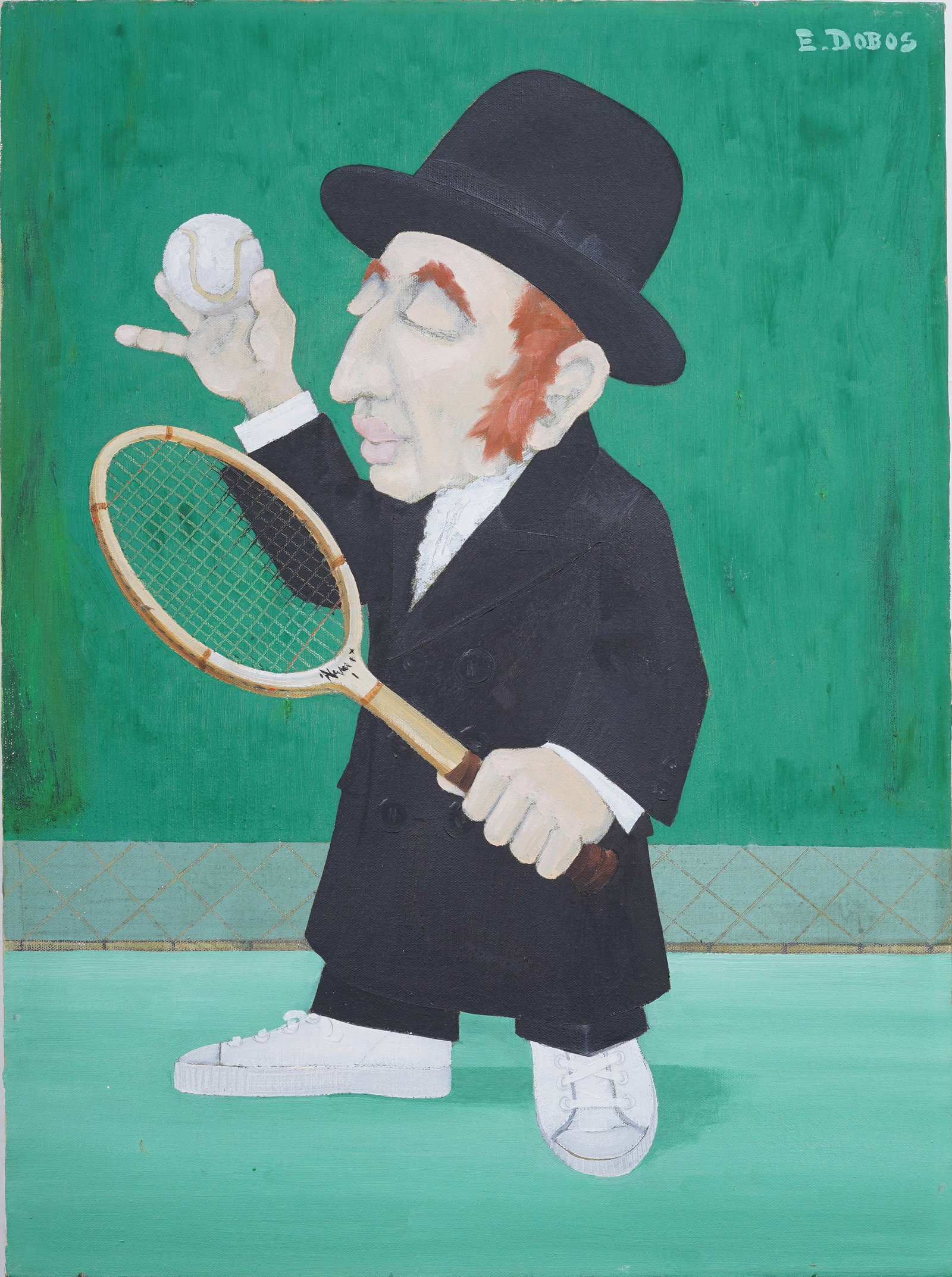 Eugene Dobos (Born 1933) Vintage Polish American Modernist "Tennis Rabbi" Oil Painting: Vintage American modernist oil painting. Oil on canvas. Signed. Measuring: 24 by 18 inches overall. Please see all images for condition. Size is measured and written on the back of the painting. The f