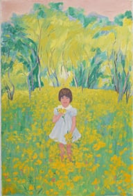 Antique American or European Impressionist Flower Field Portrait Signed Original Oil Painting
