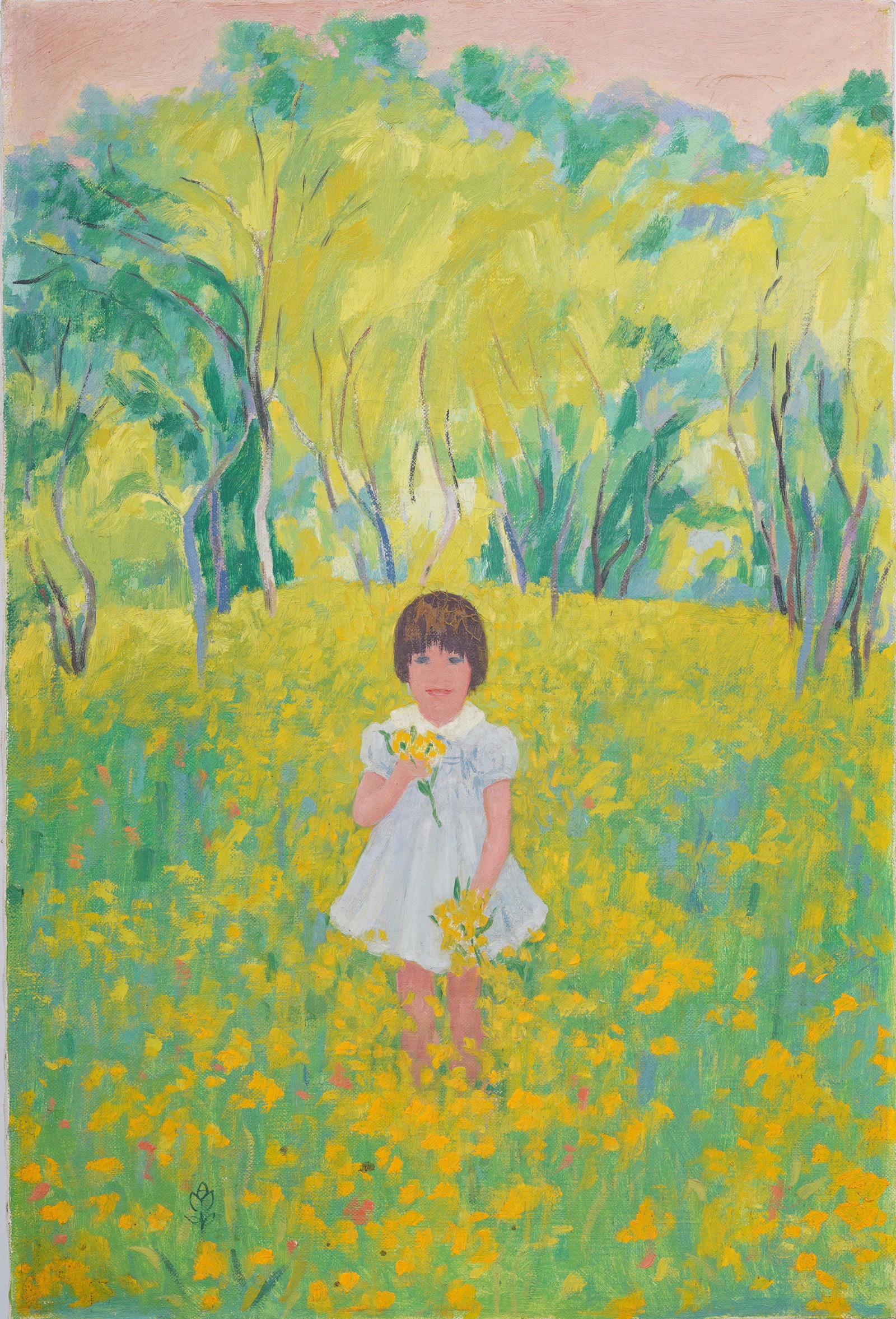 Antique American or European Impressionist Flower Field Portrait Signed Original Oil Painting: Vintage American impressionist oil painting. Oil on canvas. Signed. Measuring: 26 by 17.5 inches overall. Please see all images for condition. Size is measured and written on the back of the painting.
