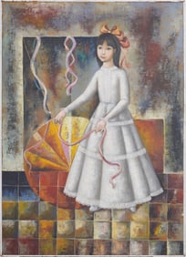 Signed Latin American Modernist Surreal Woman Portrait Framed Oil Painting
