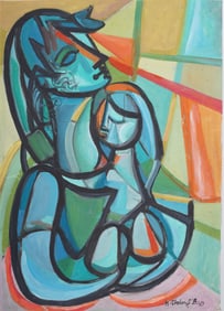 Signed Latin American Modernist Surreal Family Portrait Oil Painting