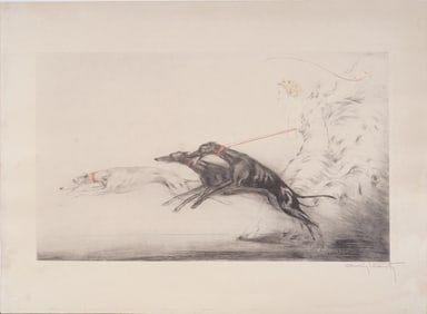 Louis Icart (1888 - 1950) "Coursing II" Elegant With Greyhounds - Original Etching Hand Signed
