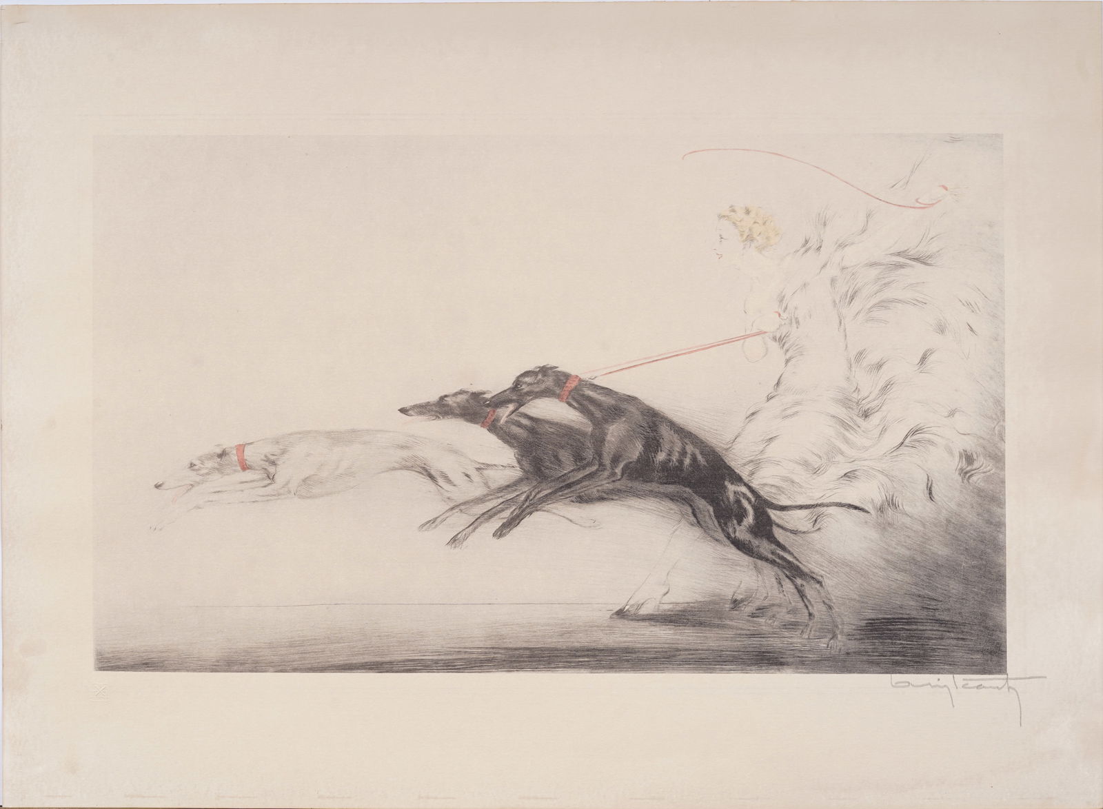 Louis Icart (1888 - 1950) "Coursing II"  Elegant With Greyhounds - Original Etching Hand Signed (1 of 10)