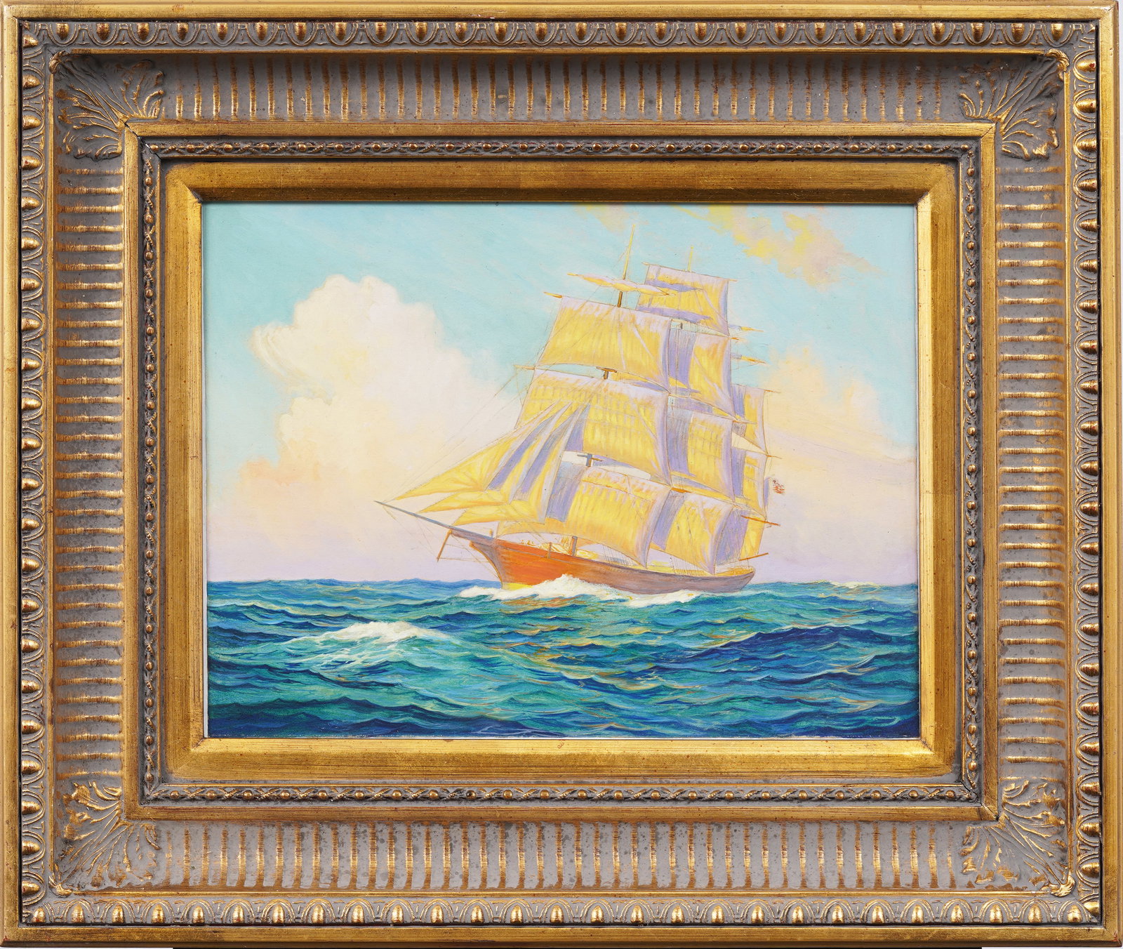 Antique American Impressionist Framed Sailboat Seascape Oil Painting: Antique American impressionist seascape oil painting. Oil on board. Framed. Measuring: 20 by 24 inches overall, and 12 by 16 painting alone. Please see all images for condition. Size is measured and w