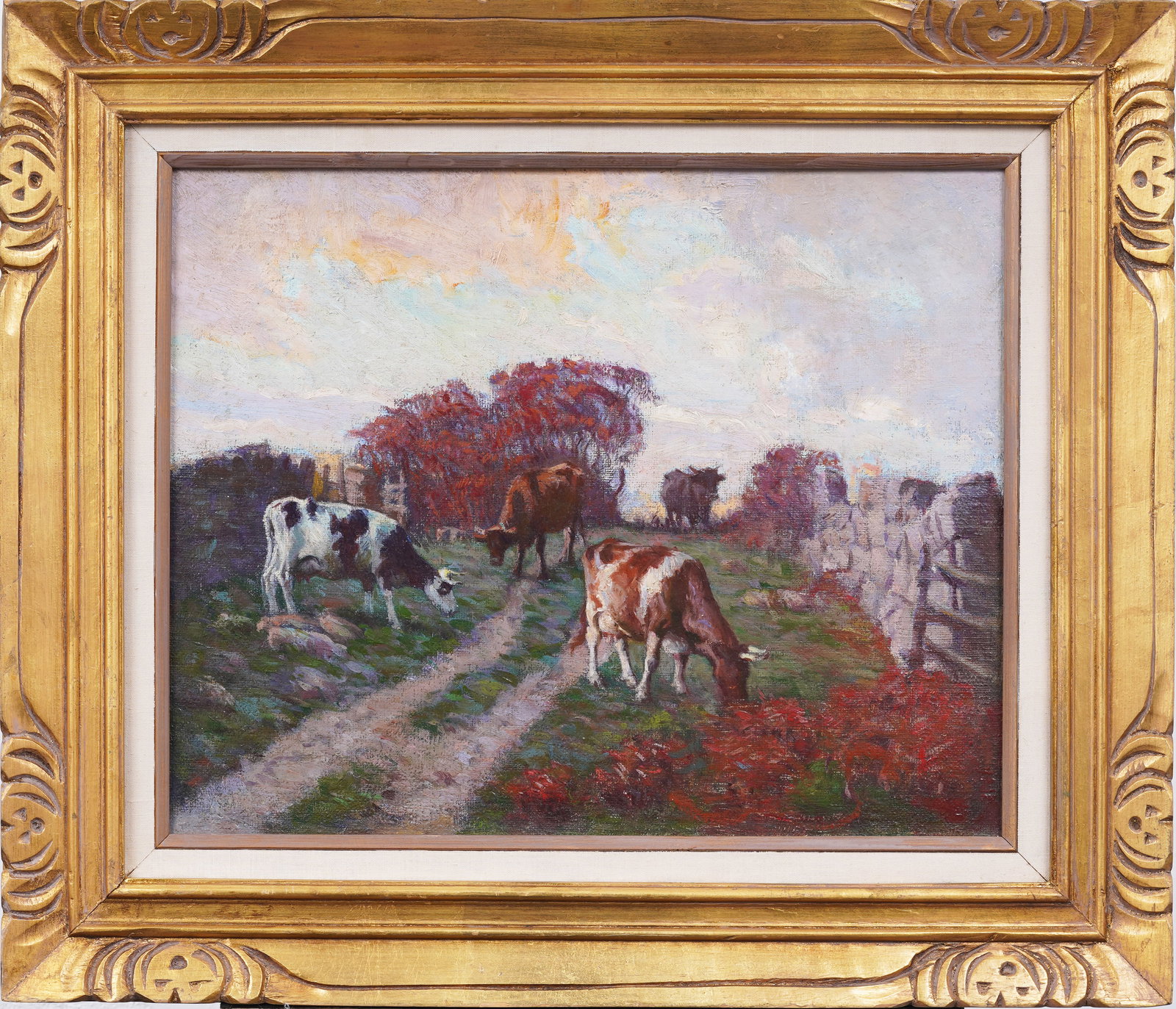 Antique American Impressionist Fall Landscape Framed Cow Grazing Original Oil Painting: Antique American oil painting. Oil on canvas. Framed. Measuring: 23 by 28 inches overall, and 12 by 20 painting alone. Please see all images for condition. Size is measured and written on the back of 