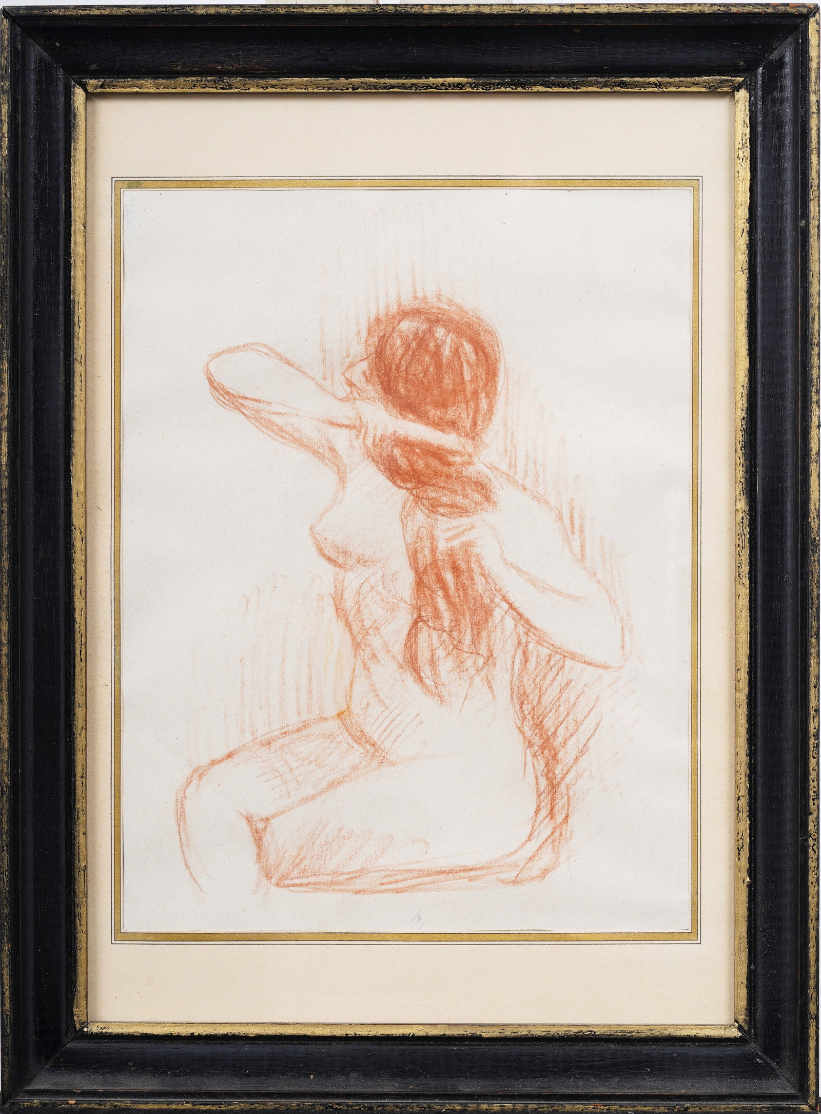Antique French Impressionist Sanguine Drawing Framed Nude Woman Portrait: Antique drawing. Framed. Measuring: 15 by 11 inches overall, and 10 by 7.5 painting alone. Please see all images for condition. Size is measured and written on the back of the painting. The first size