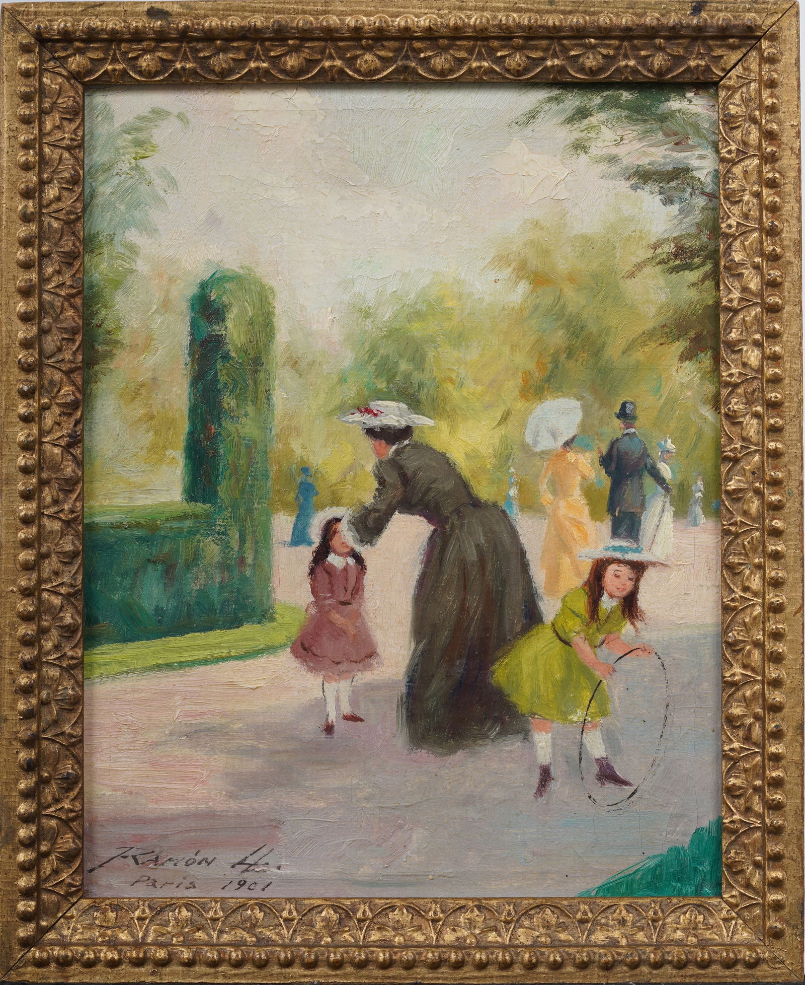 Vintage Signed French Impressionist Framed Park Scene Children Playing Original Oil Painting (1 of 7)