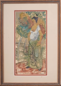 Vintage American or European Modernist Woman Portrait Framed Landscape Painting