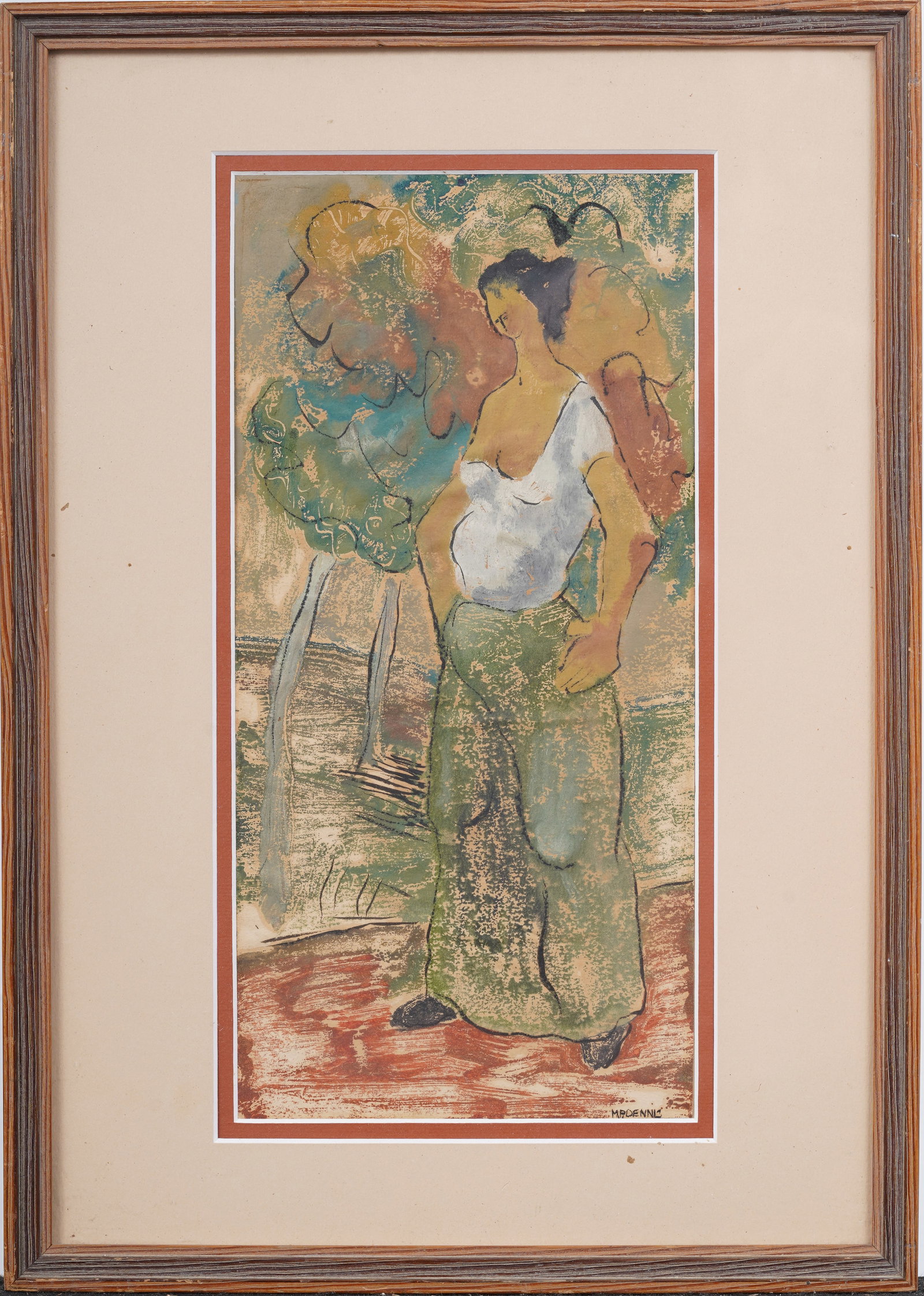 Vintage American or European Modernist Woman Portrait Framed Landscape Painting: Vintage landscape painting. Mixed media on paper. Signed. Framed. Measuring: 17 by 12 inches overall, and 12 by 6 painting alone. Please see all images for condition. Size is measured and written on t