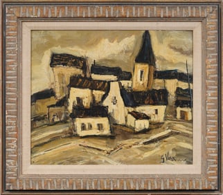 Antique Signed European Modernist Street Scene Framed Oil Painting