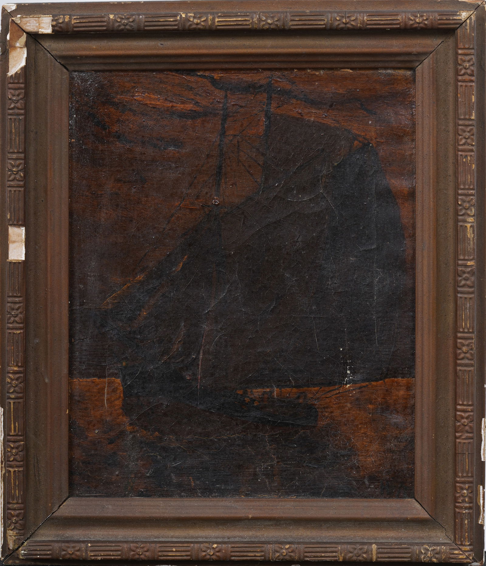 Antique American Albert Ryder School Moonlit Nocturnal Seascape Framed Oil Painting: Antique American luminous seascape oil painting in the style of Albert Pinkham Ryder (1847 - 1917). Oil on canvas. Framed. Measuring: 12 by 10 inches overall, and 10 by 8 painting alone. Please see al
